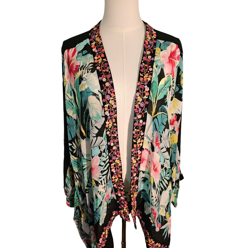 Johnny Was Luxury Silk Kimono Tropical Bird Floral Embroidered Open Front Medium